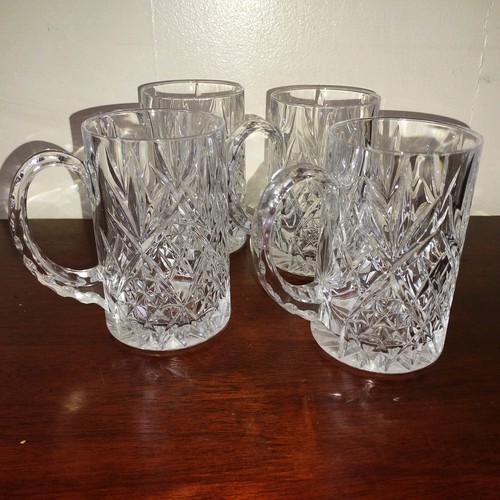 Vintage Heavy Cut Crystal Beer Mugs Steins Scalloped Handles Set Of 4 Nice! - Picture 1 of 3
