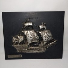 Galeon Espana 1540 Ship Rodex SA Silver Coated Metal Wall Hanging Black Leather