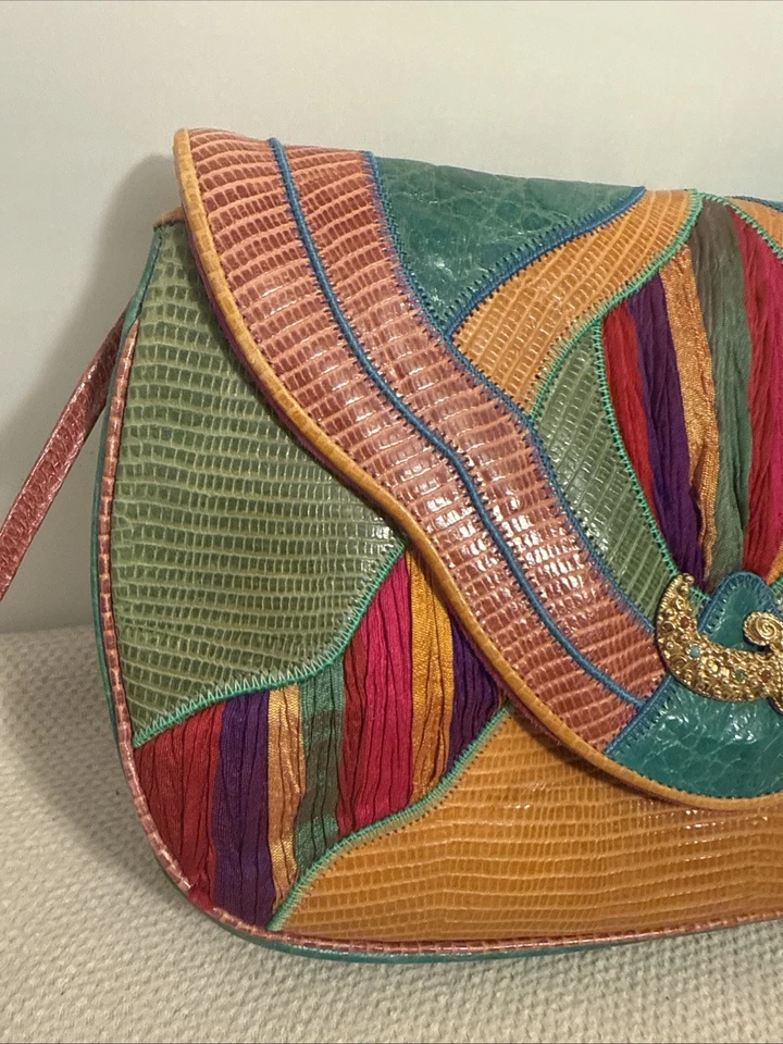 VTG 80s Exotic Sharif Shoulder Handbag Crossbody Patchwork Purse Scimitar Motif - Image 3 of 4