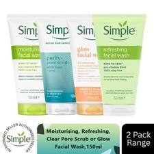 Simple Face Wash-Moisturising, Refreshing, Clear Pore Scrub or Glow 150ml, 2Pack