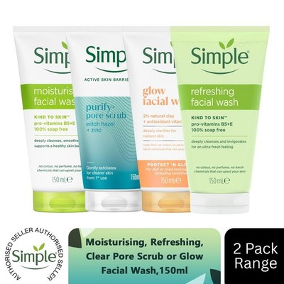 Simple Face Wash - Feuchtigkeitsspendendes, erfrischendes, klares Porenpeeling oder Glow 150ml, 2er Pack