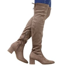 Women's Taupe High Over The Knee Low Block Heel Boots Faux Suede Round Toe 9