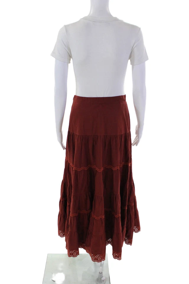 Falda midi Ulla Johnson para mujer con cremallera lateral festoneada con ojales roja de algodón talla 4 Foto 3 de 4