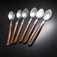 N9197 Stainless Steel 18/0 Plastic Handle 6 Dessert Spoons Gray Brown Vintage