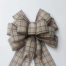 Beige and Brown Plaid Wreath Bow, Size Large