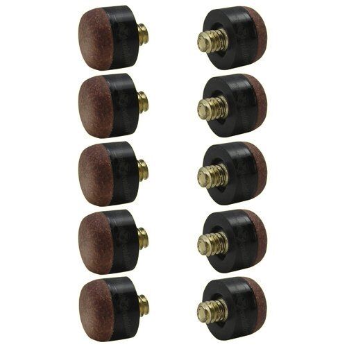 10 Pack of 12mm Brown Screw-On Tips for Pool Cues - Hard