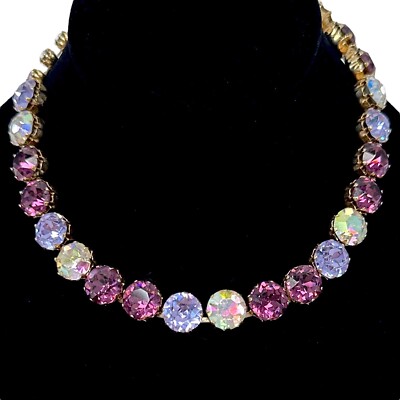 Vintage Fenichel Large Multicolor Rhinestone Collar Necklace Purple Blue AB