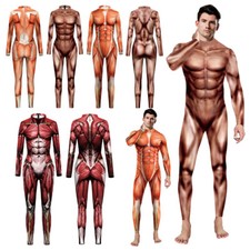 Herren Halloween Jumpsuit 3D Skeleton Muskel Einteiler Bodysuit Kostüm S-4XL