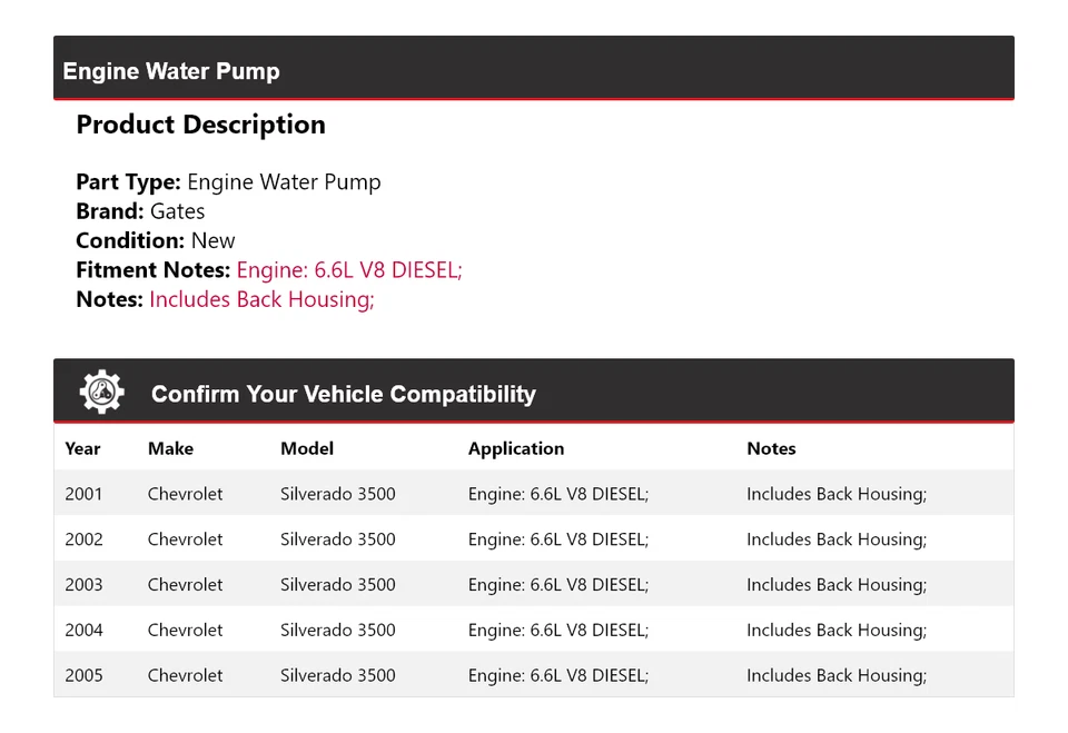 Puertas de bomba de agua para motor diésel V8 6,6 L Chevrolet Silverado 3500 2001-2005 Foto 2 de 4
