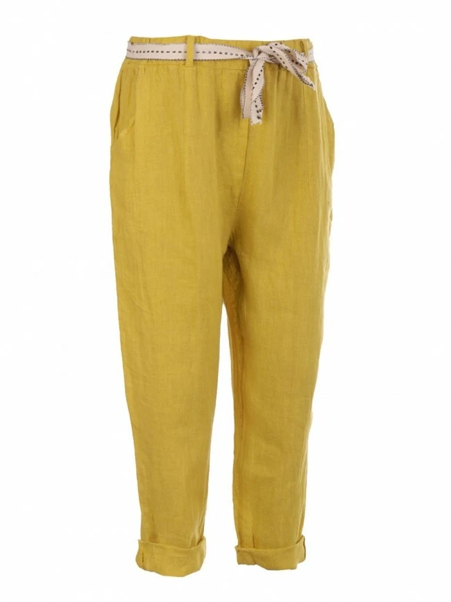 Nouveau pantalon en lin pour femmes italien élastique uni taille régulière