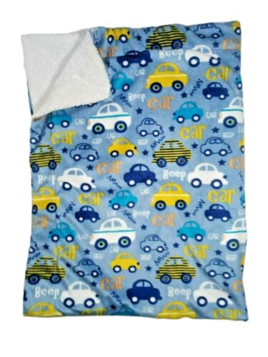 Baby Boy Unbranded CAR BEEP Blanket Blue Yellow Sherpa Backside 30x40 SOFT Lovey - Picture 1 of 4