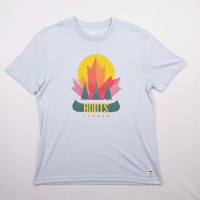 Roots Canada Shirt Mens Large Blue Maple Leaf Canoe Trees Outdoor Nature Hiking
