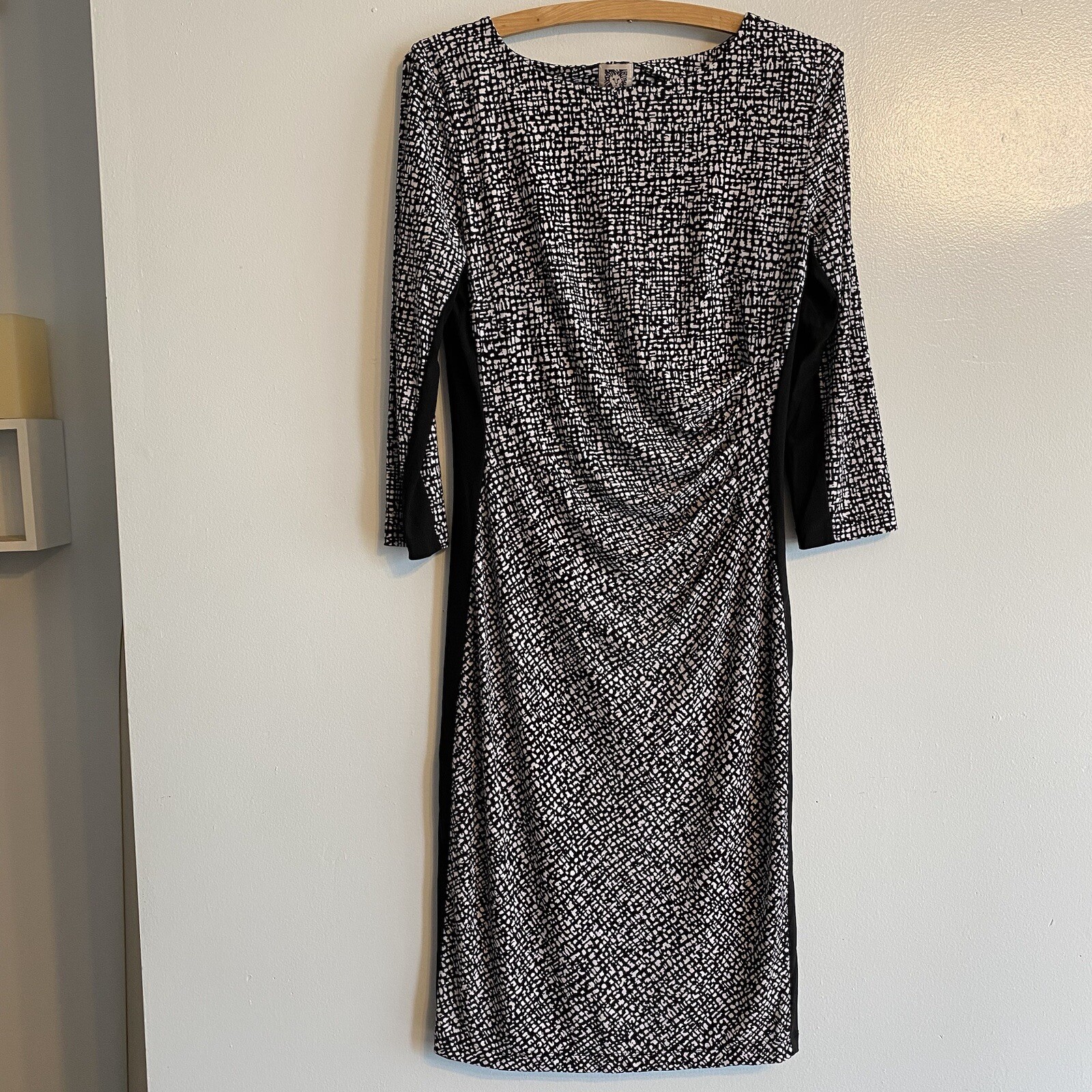 Anne Klein Dress Womens 4 Black Knit Ruched Waist Long Bodycon 3/4 Sleeves