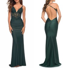 NEW 30728 LA FEMME Emerald Green BEADED LACE Corset LACE UP Back TRUMPET GOWN 8