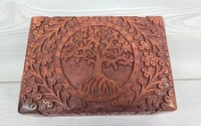 Tree Of Life Carved Wood Box Jewelry Trinket Treasure Red Felt Lined Wooden