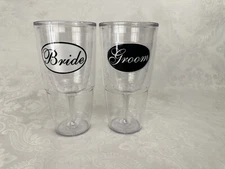 Bride and Groom Tervis Tumblers Stemmed 16oz Wine Cups No Lids Wedding Set Of 2