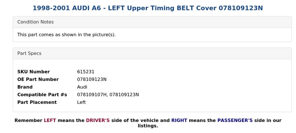 AUDI A6 1998-2001 - Cubierta superior izquierda correa de distribución 078109123N Foto 4 de 4
