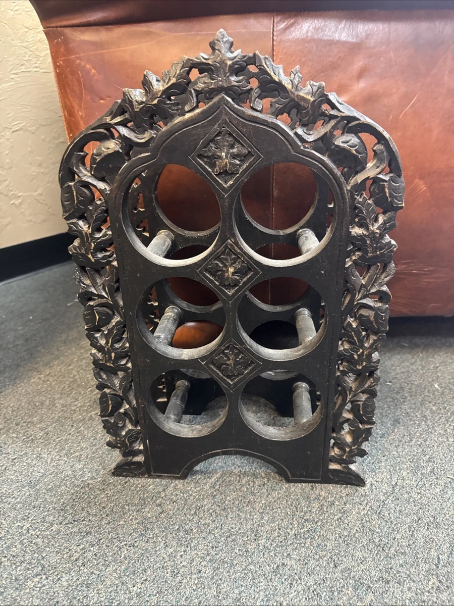 Hand Carved Oak Medieval Gothic 6 Wine/Bottle Holder 18.75”Germany