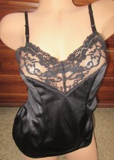 vtg SILKY BLACK nylon 4" LACE camisole slip top LINGERIE VASSARETTE sz S/35"