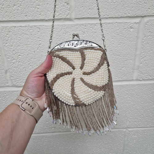 Vintage Clutch Evening Bag Beaded Pearl Handbag Fringe Bridal Wedding Party - Picture 2 of 12