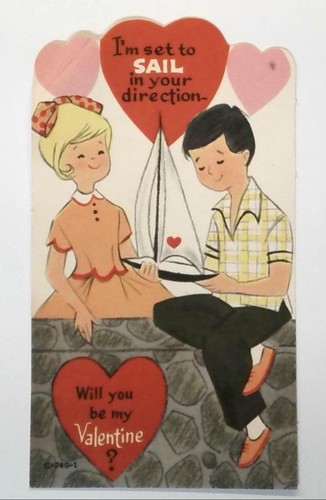 Vintage 1960s Valentine's Day Card Boy Girl Sailboat Heart Design 5.25"h