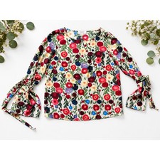 Renee C Floral Bell Sleeve Blouse Women's Large Tie Cuff Top Made in USA Boho