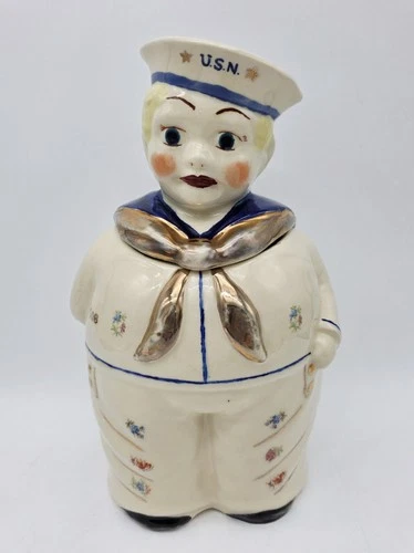 SHAWNEE POTTERY USN SAILOR BOY GOB - Gold Trim - Cookie Jar - RARE - WW2  Vtg