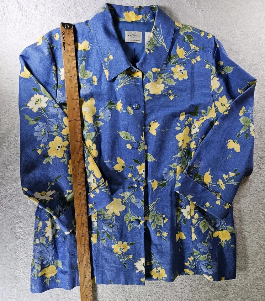 Emma James Linen Blend Button Up Blouse Pretty Blue Yellow Floral Sz 14 Boho  - Image 4 of 4