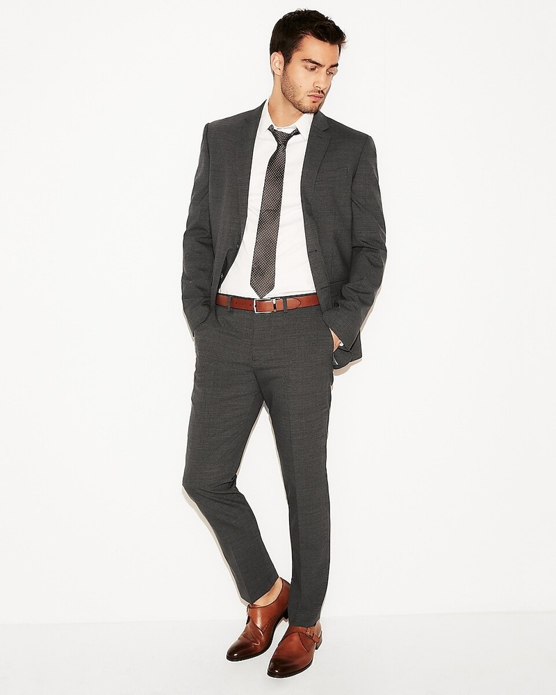 NEW EXPRESS $128 CHARCOAL GRAY SLIM CHECK STRETCH WOOL BLEND SUIT PANT SZ 30/32