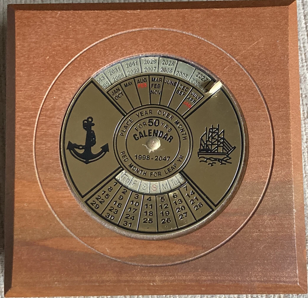 Brass Round Desk Perpetual 50 Year Calendar 1998-2047 Wood Frame Australia  EUC! | eBay