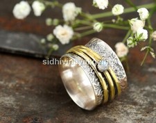 925 Sterling Silver Spinner Natural Blue Moonstone Ring Brass Band Jewelry '40n