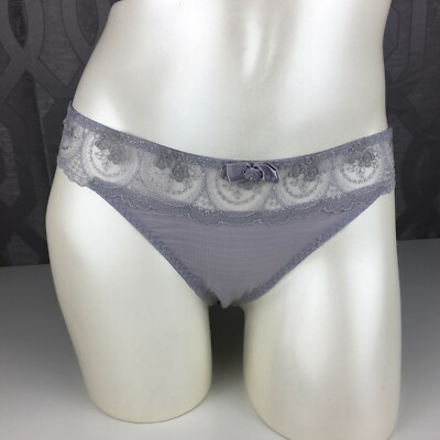ALEGRO Soft Grey Embroidered Sheer Thong Panty Lingerie with Lace Trim - 9017D