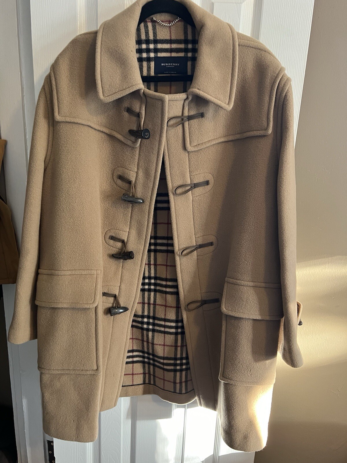 Burberry Camel Wool DUFFEL Coat Men’s VTG 90s Classic Overcoat Nova Check Hood