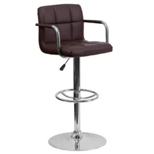Contemporary Brown Quilted Vinyl Adjustable Height Bar Stool with Arms