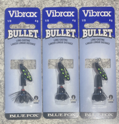 3 Packs Blue Fox Vibrax Bullet 1/8 OZ Black Black Fluorescent Yellow