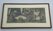 MID CENTURY ABSTRACT PAINTING CUBIST CUBISM MYSTERY ART MODERNISM 1950'S ATOMIC