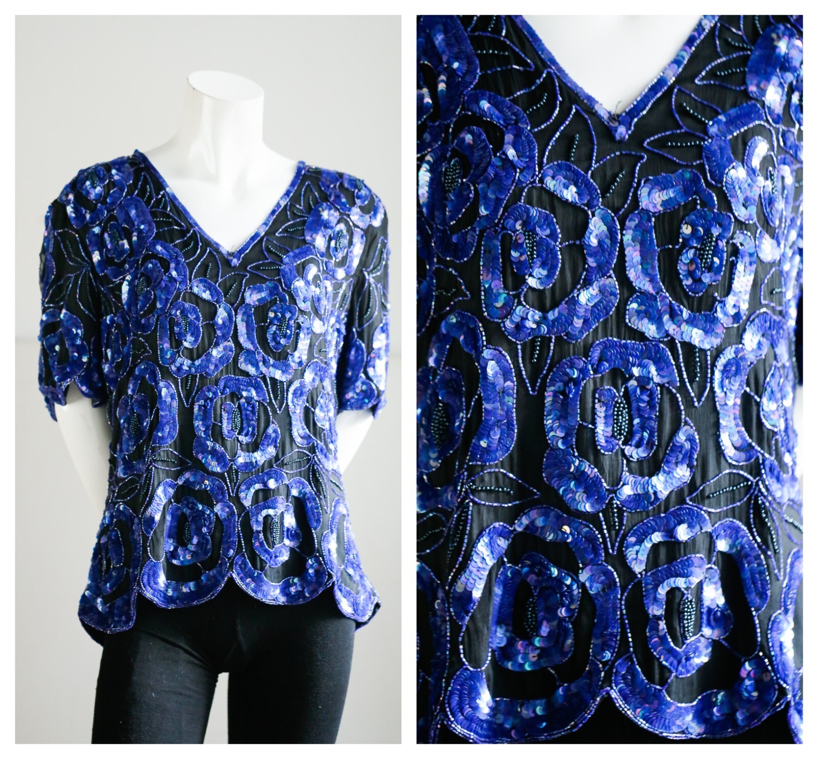 Vintage Cobalt Blue SILK Floral Sequin Beaded Short S… Gem