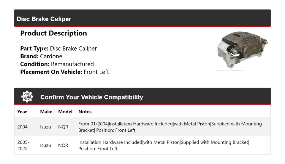 Pinza de freno de disco delantera izquierda Cardone 2005 2006 2007 Isuzu NQR 2004-2022 Foto 2 de 4
