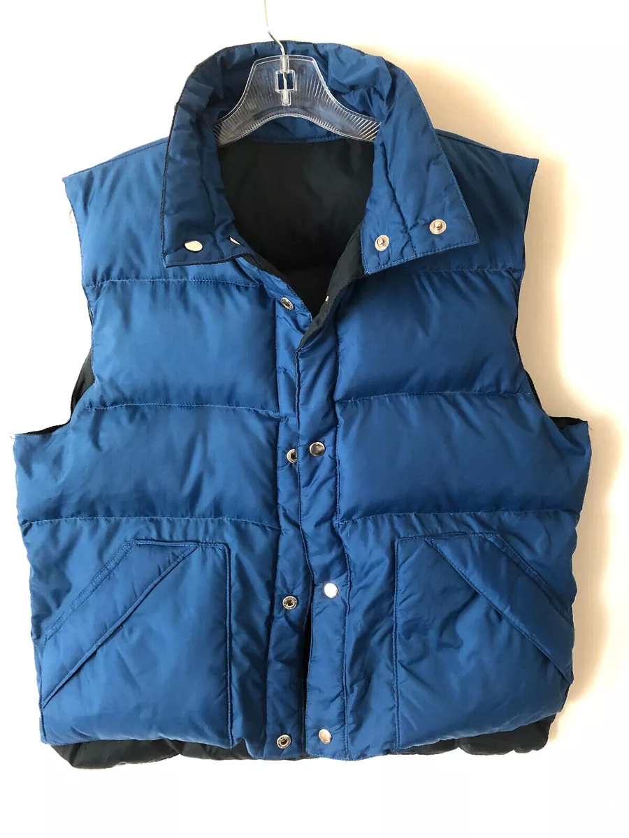Men s Down Puffer Vest Blue Black Reversible Snap Closure Trucker Hipster Sz Med