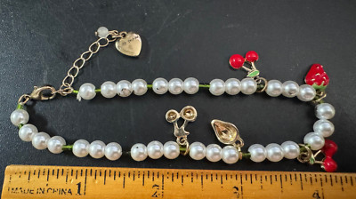 Betsey Johnson anklet faux pearls cherry charms - 9 inches long