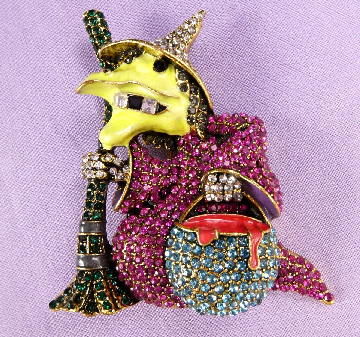Bling WITCH Pin Brooch Rhinestone Crystal Witches Brew Pink Blue 3" Witch View 6