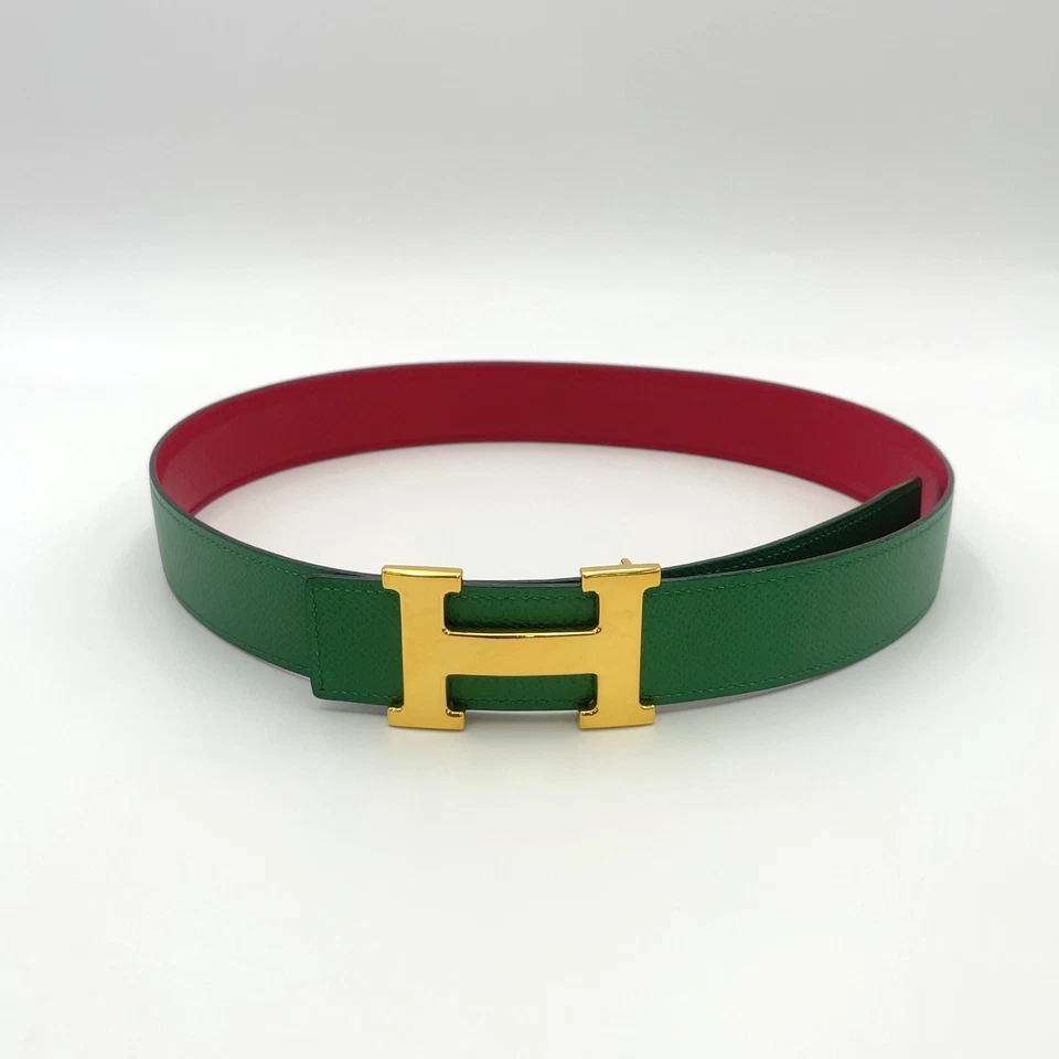 Auth Hermes H-Belt GD70 circle Y engraved Leather green red W/Box BA110116 - Image 4 of 4