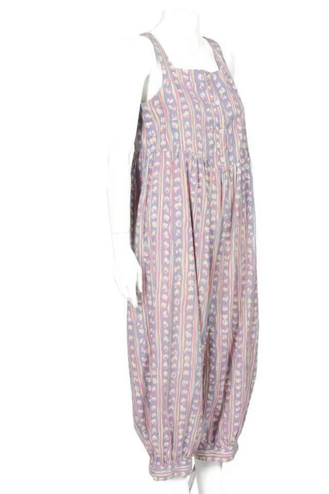 Vitnage 80 年代 LAURA ASHLEY 紫色抽象花卉纽扣前连身裤 尺寸 M /942 — 第 4/4 张图片