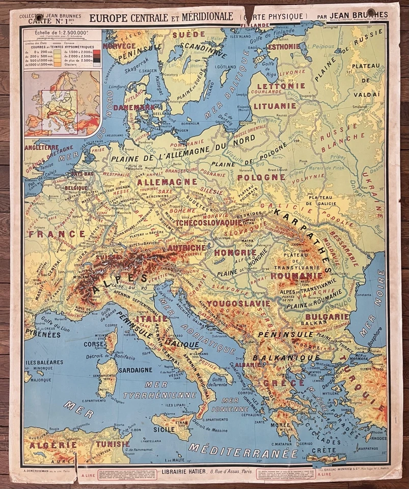 ✶RARE✶ Ancienne carte scolaire Hatier Brunhes 1, 1930 - Europe centrale et sud - Photo 2/4