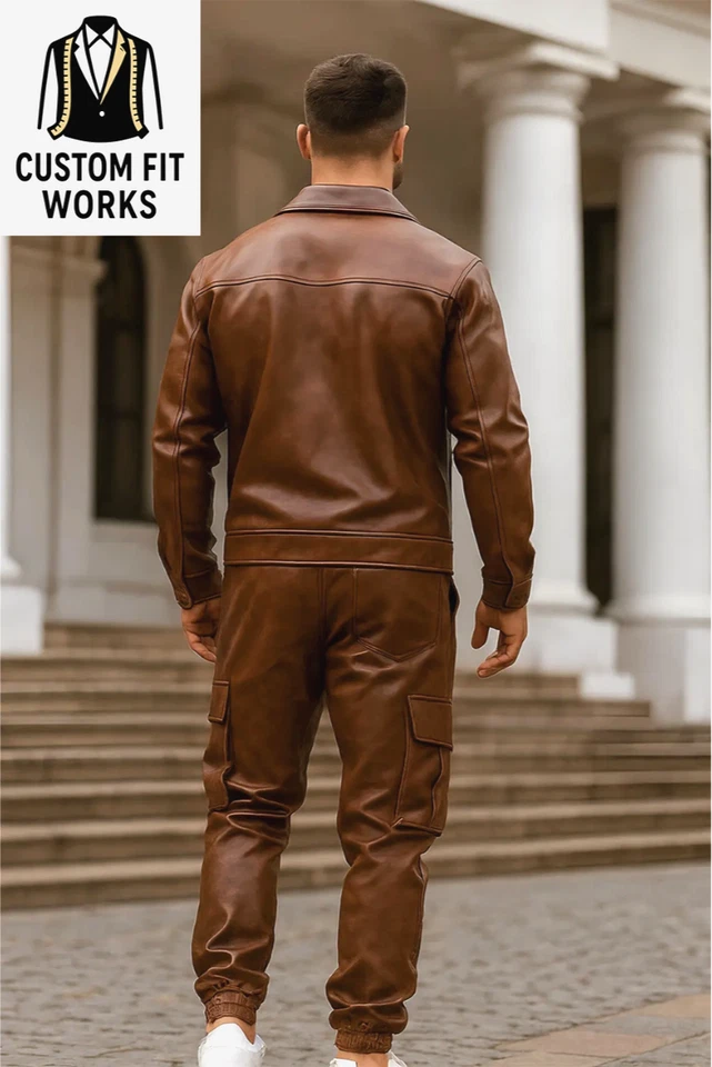 Conjunto de chándal de cuero marrón para hombre chaqueta y pantalones de chándal cargo ropa de gimnasio moda Foto 2 de 4