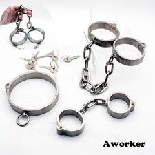 Stainless Steel Handcuffs Ankle Cuff Neck Collar with Chain Restraints Fetish