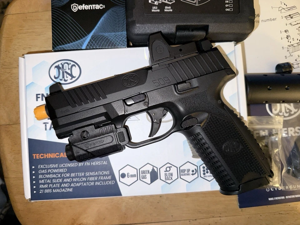 EMG FN HERSTAL FN 509 TÁCTICO METAL GBB GAS BLOWBACK AIRSOFT PISTOLA PAQUETE COMPLETO Foto 4 de 4