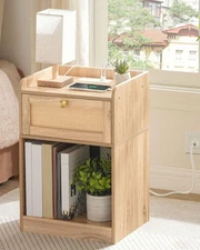 Nightstand with Charging Station, Side Table with Rattan-Style Drawer and Sto...