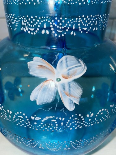 Jefferson Blue Art Glass Floral Set Pitcher & 4 Tumblers; Fenton; Antique! - Picture 7 of 18
