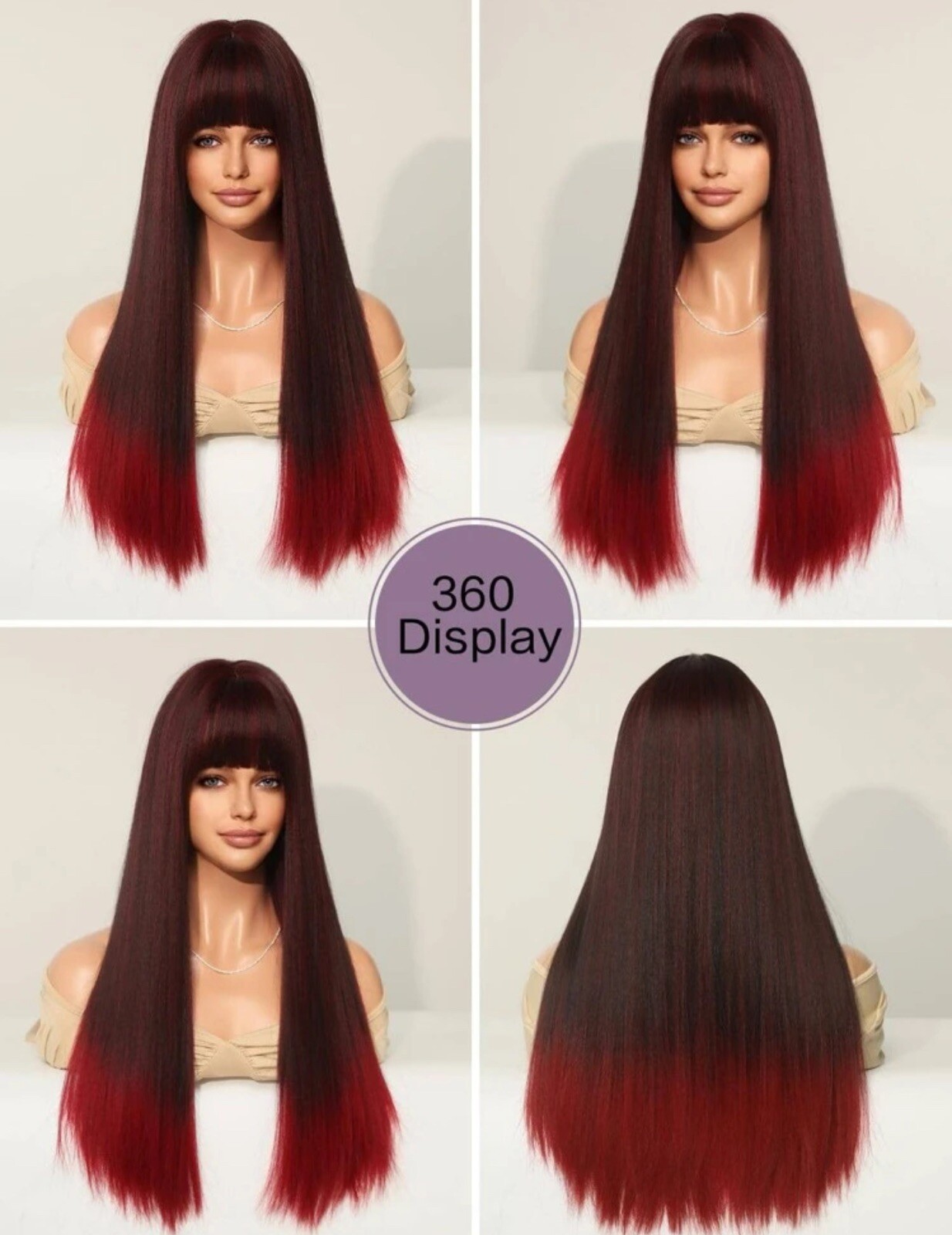 Perruque Synthétique Longue Dégradé Rouge Avec Frange - Neuf Sans étiquettes + Bonnet